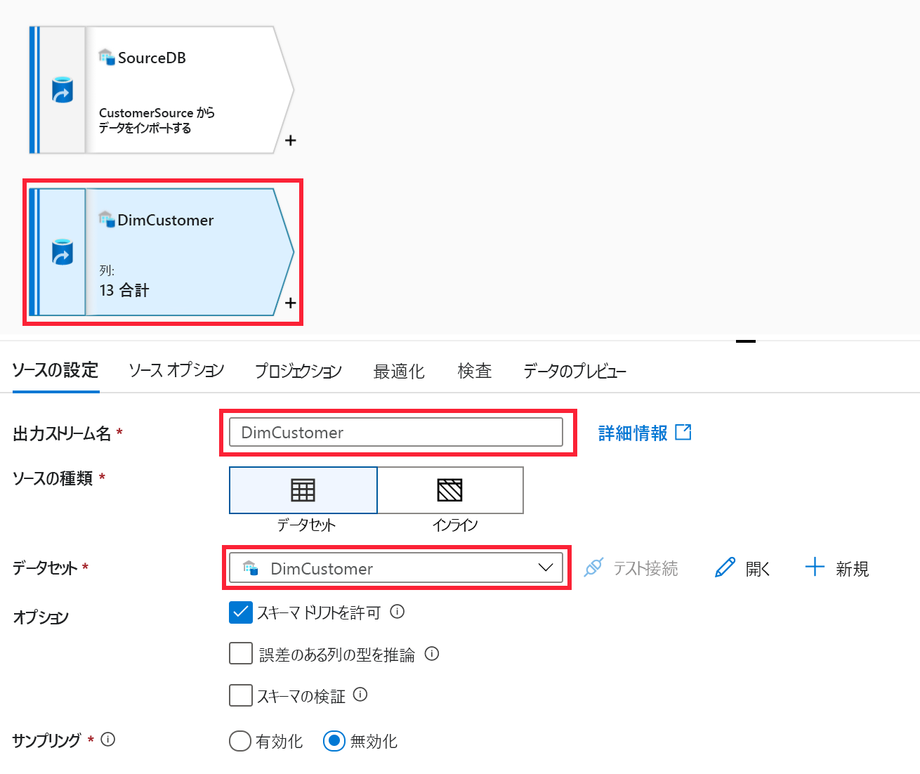 [ソースの設定] で、ソースの追加、出力ストリーム名、データセット名が強調表示されています。