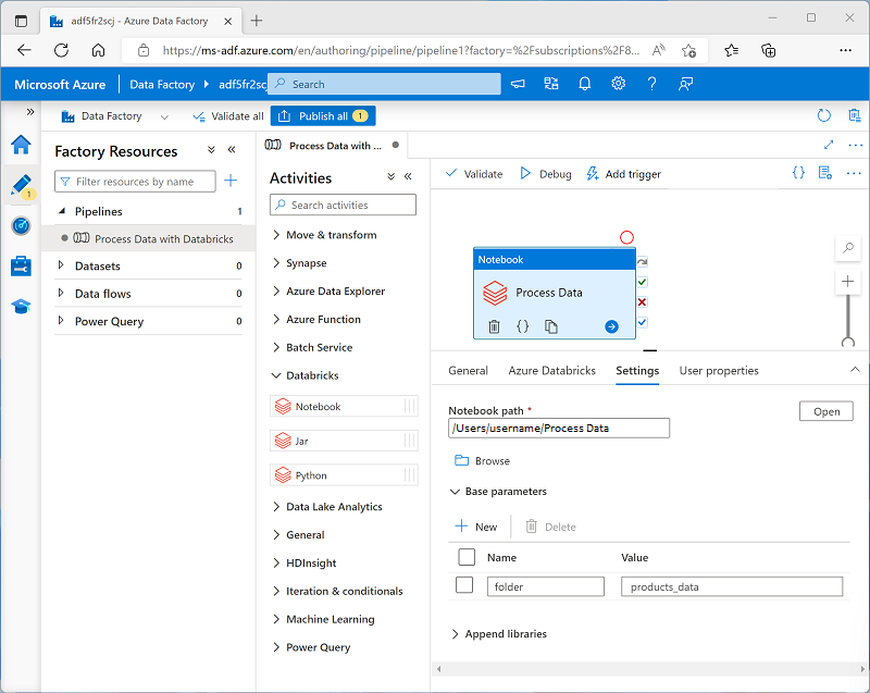 Screenshot of a Notebook activity with a folder parameter.