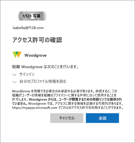 [承諾] ボタンと [キャンセル] ボタンがある B2B コラボレーション レビュー アクセス許可ボックスのスクリーンショット。