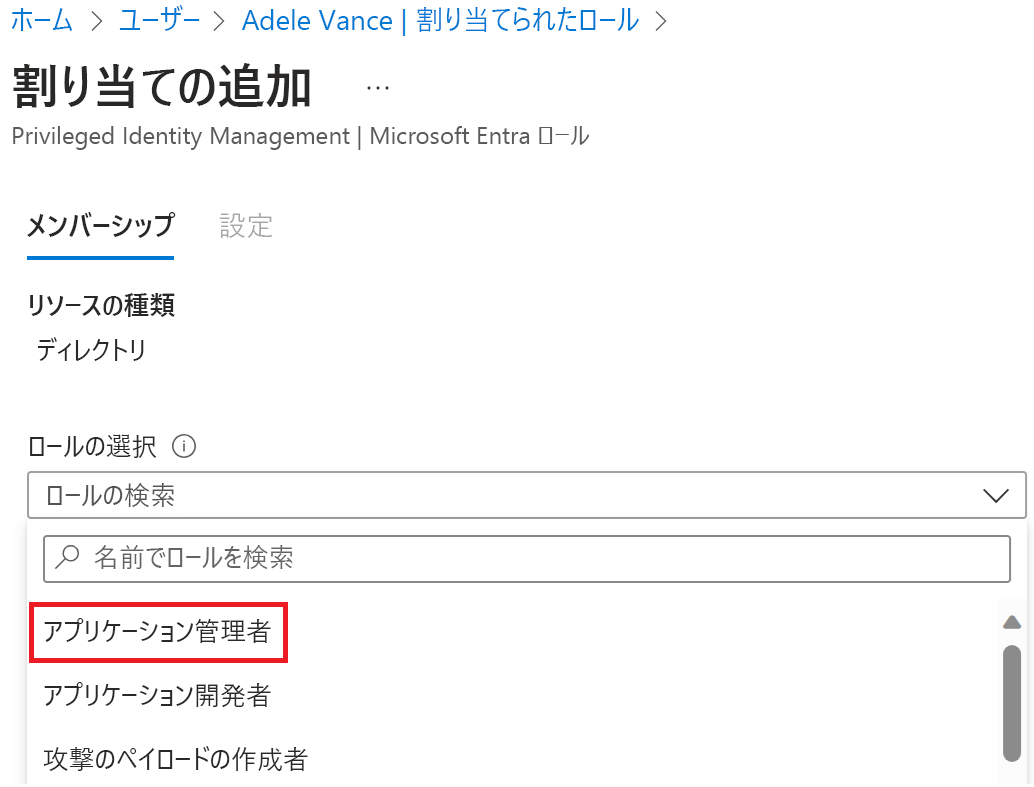 [割り当てられたロール] ページのスクリーンショット。アプリケーション管理者の選択したロールが表示されています。