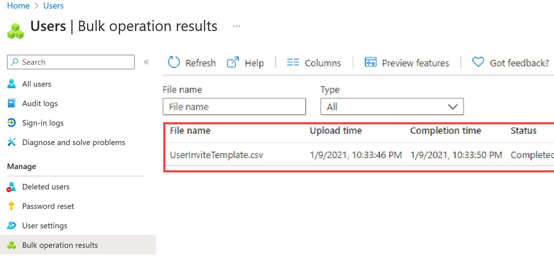 Screenshot of the results of a bulk operation. You see the success and fail statistics of the operation.