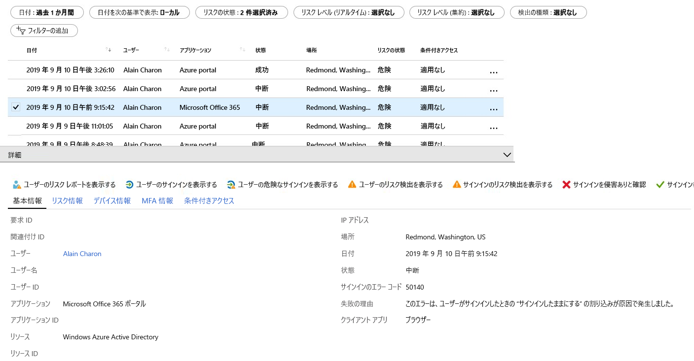 危険なサインインと詳細を示す Identity Protection レポートのスクリーンショット。