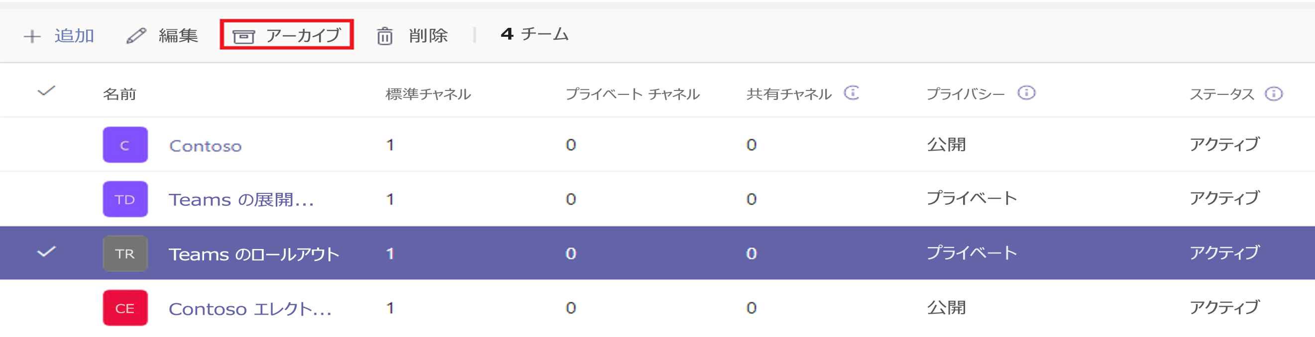  チームのアーカイブのスクリーンショット。