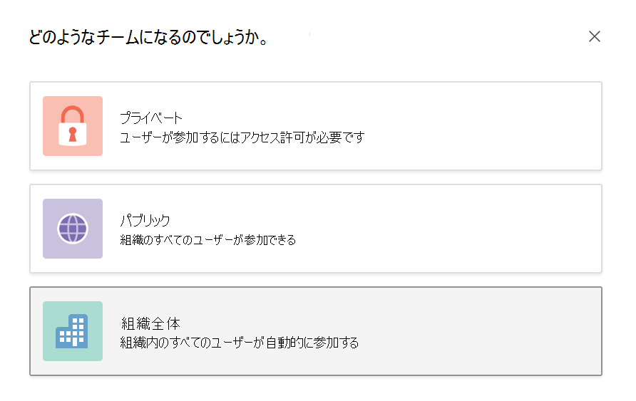 組織全体のチームの作成のスクリーンショット。