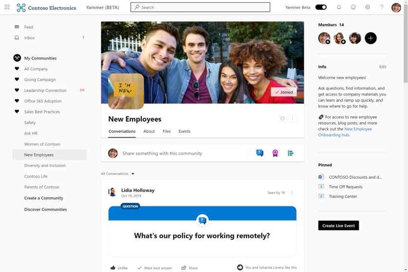 Yammer 内の新入社員向けのコミュニティ ページを示すスクリーンショット。