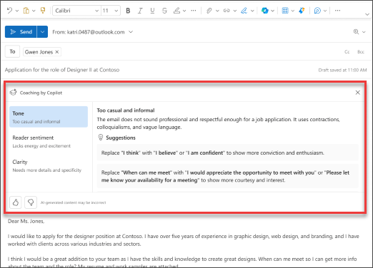 新しい Outlook でのトーン、明確さ、読み手の感情に関しての Copilot の提案を示すスクリーンショット。