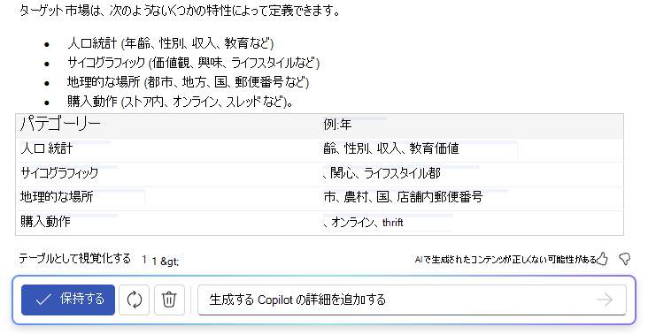 テキストを表に変換する機能を示す Word の Copilot のスクリーンショット。