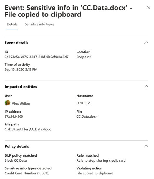 Screenshot of the Device Management center showing the event data for an alert.