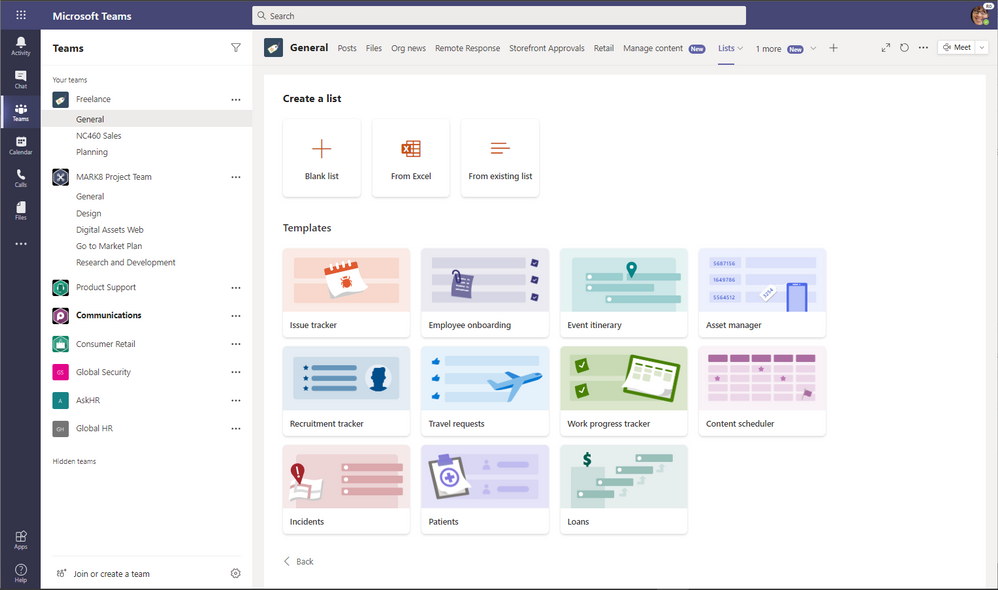 Microsoft リストの Microsoft Teams への統合のスクリーンショット。