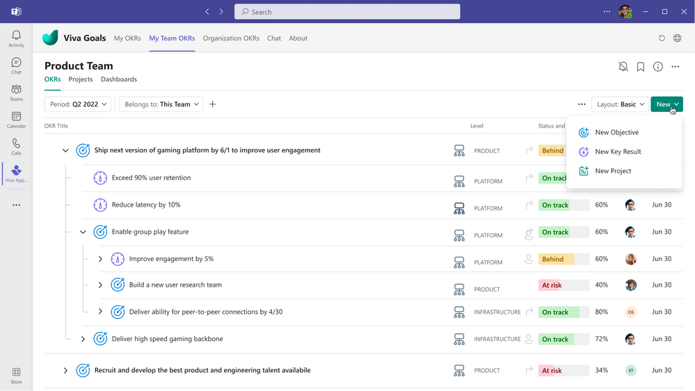 Viva ゴールと Microsoft Teams の統合のスクリーンショット。