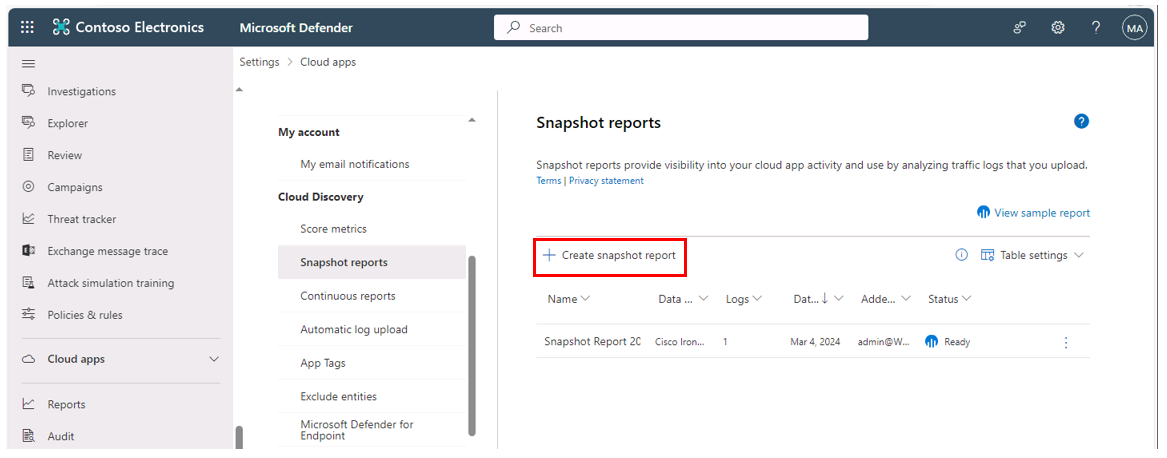 Screenshot of the Snapshot reports page for Cloud Apps, with the Create snapshot report option highlighted.