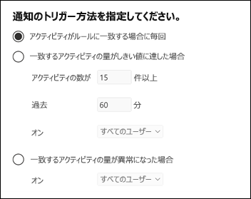 アクティビティの発生、しきい値、または異常なアクティビティに基づいて、トリガーするアラートを構成するスクリーンショット。