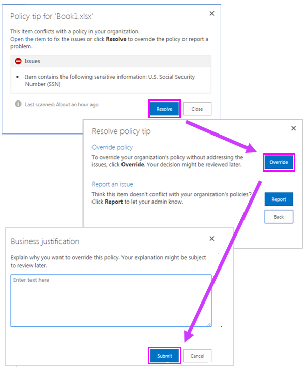 Screenshot of the policy tip screen with the resolve and override options.