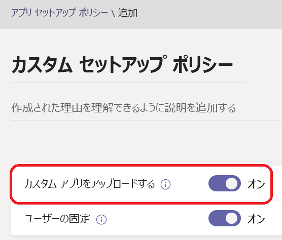 ユーザー カスタム アプリの設定を示すスクリーンショット。