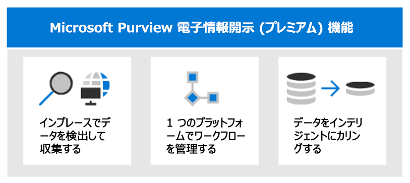 Microsoft Purview 電子情報開示 (Premium) の主な機能を示す図。