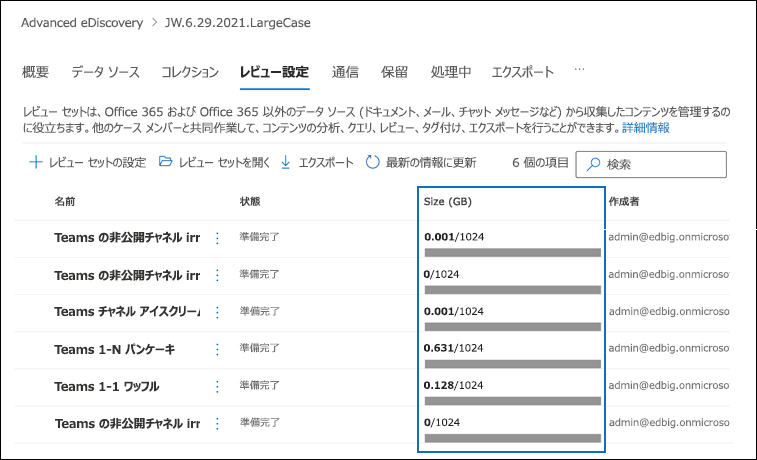 各レビュー セットのサイズが強調表示されているケースの詳細ページの [レビュー セット] タブを示すスクリーンショット。