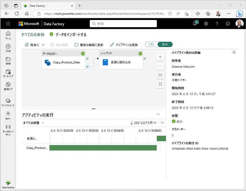 Microsoft Fabric のパイプライン実行の詳細のスクリーンショット。