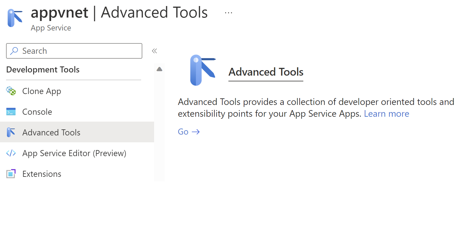 Azure portalで Kudu サービス ページを開く方法を示すスクリーンショット。