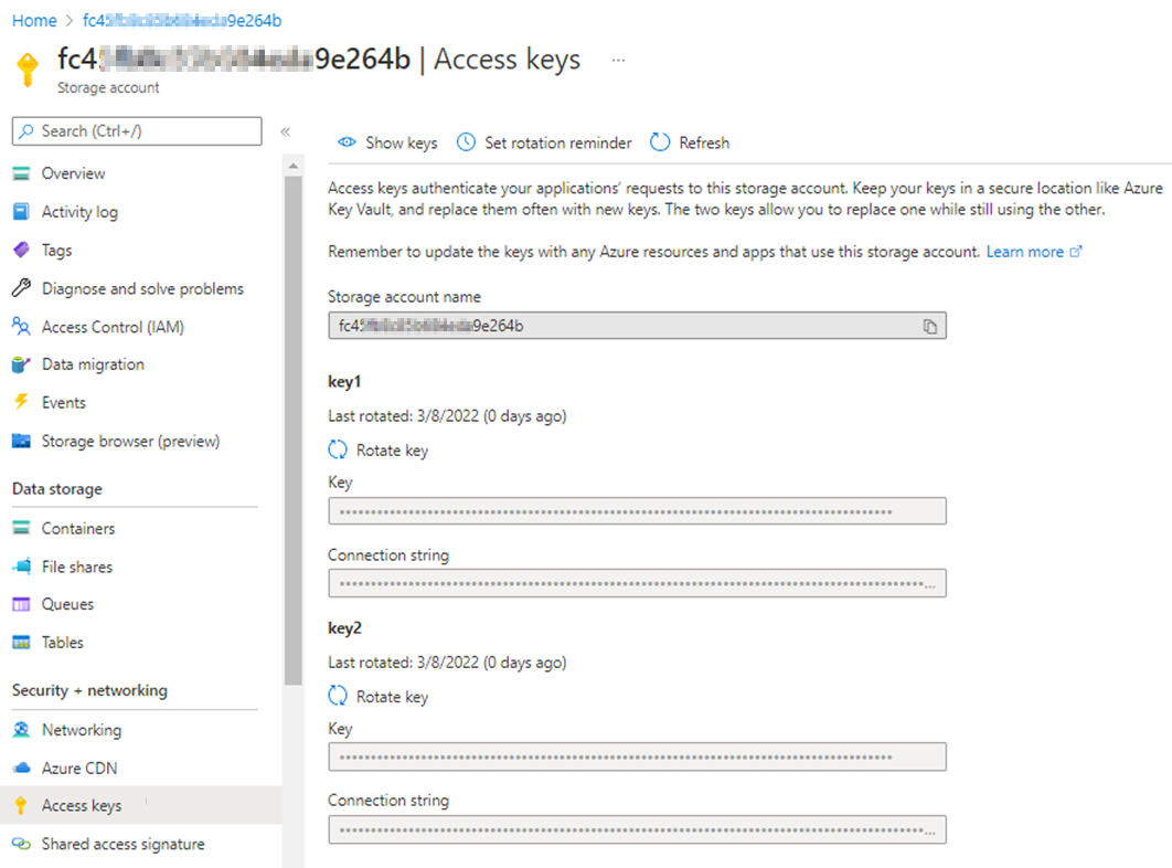 ストレージ アカウント名とキーのスクリーンショット。