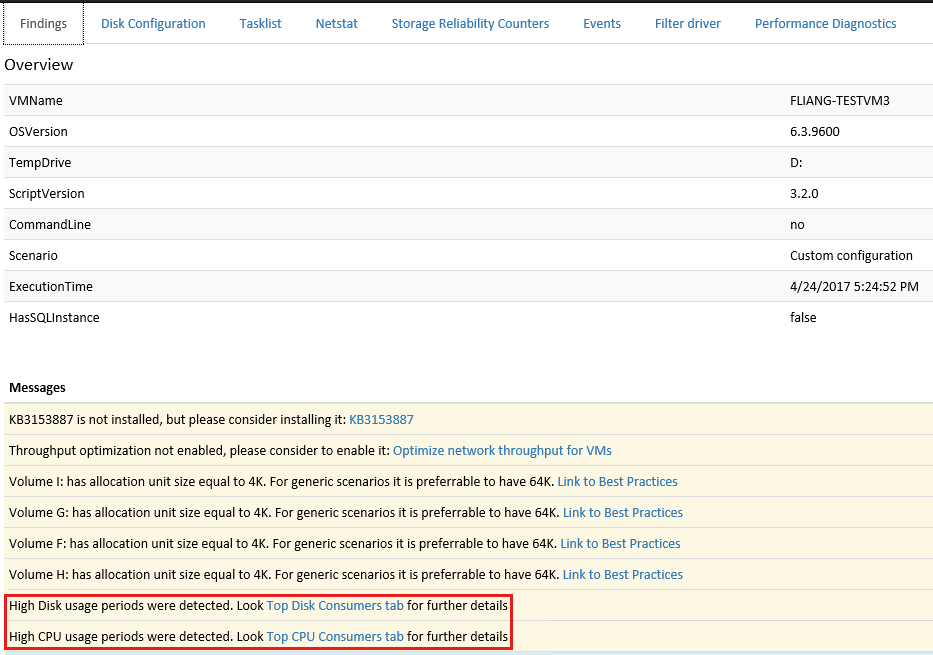 PerfInsights レポートのスクリーンショット。