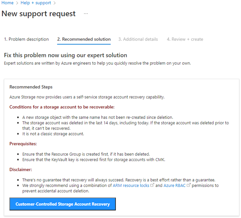 [Customer-Controlled Storage Account Recovery]\(顧客が制御するストレージ アカウントの回復\) ボタンのスクリーンショット。