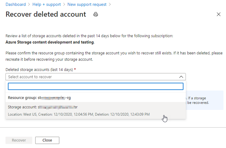 過去 14 日間の削除されたストレージ アカウントの一覧のスクリーンショット。