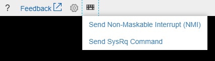 Azure シリアル コンソールのスクリーンショット。キーボード アイコンが強調表示され、メニューが表示されます。そのメニューには、SysRq コマンドの送信項目が含まれています。