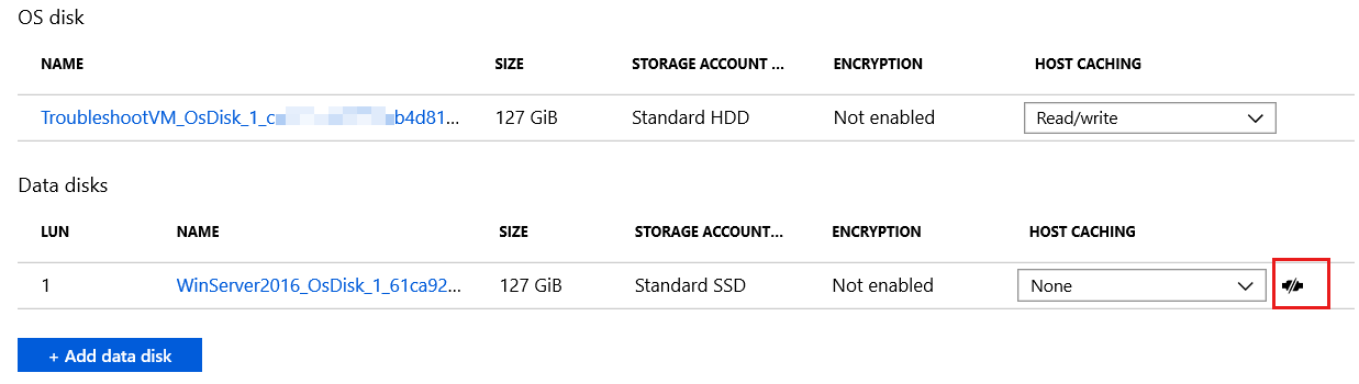 仮想ハード ディスクを VM からデタッチするスクリーンショット。