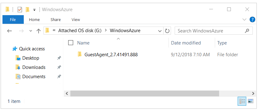接続された OS ディスクにある GuestAgent フォルダーの例のスクリーンショット。
