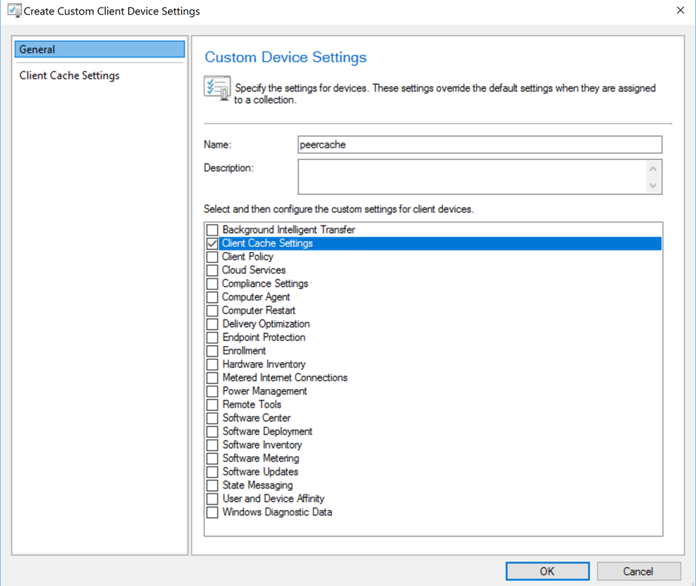 スクリーンショットでは、[Create Custom Client Device Settings]\(カスタム クライアント デバイス設定の作成\) ウィンドウの [Client Cache Settings]\(クライアント キャッシュ設定\) が強調表示されています。