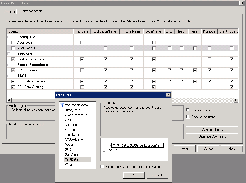 MP_GetWSUSServerLocationを呼び出すSQL Server プロファイラーの構成を示すスクリーンショット。