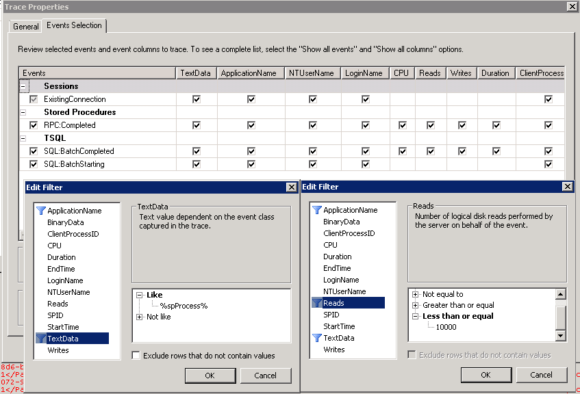 スクリーンショットは、spProcess を呼び出すSQL Server プロファイラーの構成を示しています。