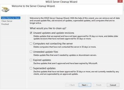 WSUS サーバー クリーンアップ ウィザードの開始ページのスクリーンショット。