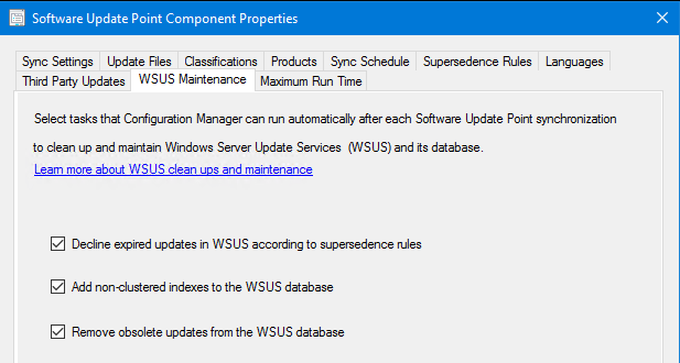 ソフトウェア更新ポイント コンポーネント プロパティ ウィンドウの WSUS メンテナンス オプションのスクリーンショット。