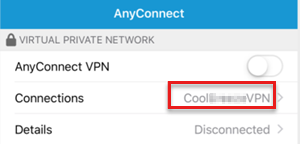 AnyConnect アプリの VPN 接続を示すスクリーンショット。