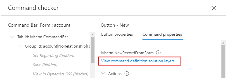 コマンド名の下にある [コマンド定義ソリューション レイヤーの表示] リンクのスクリーンショット。