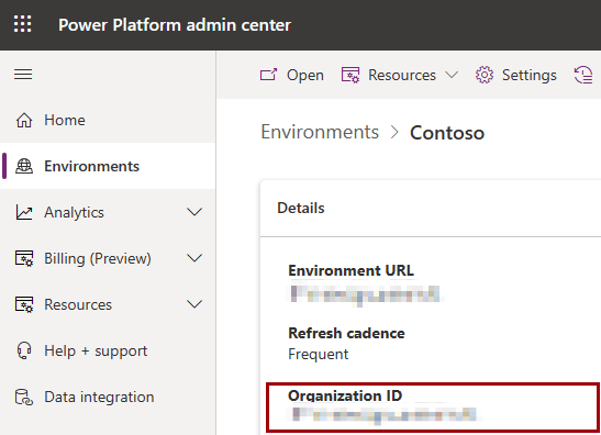 Power Platform 管理センターの環境で見つけることができる組織 ID を示すスクリーンショット。