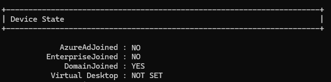 AD ドメインに参加しているが Microsoft Entra ID に参加していないコンピューターで実行される dsregcmd status コマンドの出力を示すスクリーンショット。