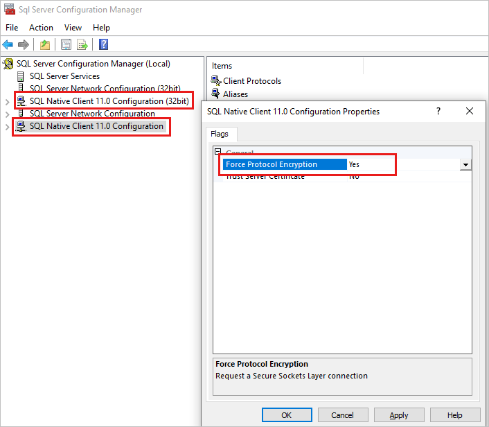 SQL Server 構成マネージャーの SQL Native Client 11.0 Configuration プロパティのスクリーンショット。