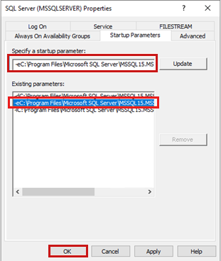 [SQL Server (MSSQLSERVER) プロパティ] ダイアログ ボックスの [スタートアップ パラメーター] タブのスクリーンショット。