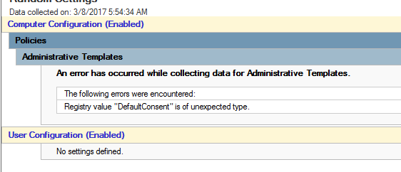管理用テンプレートのデータの収集中にエラーが発生したことを示すスクリーンショット。レジストリ値 DefaultConsent は予期しない種類です。