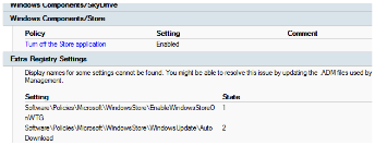 [ストア アプリケーション ポリシーをオフにする] が有効になっており、一部の設定の [表示名] が [レジストリの追加設定] で見つからないことが示されているスクリーンショット。2 つの設定が一覧表示されます。