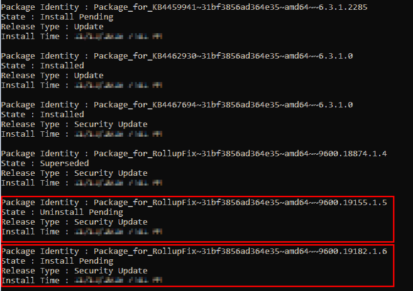 Dism 出力保留中の更新のスクリーンショット。