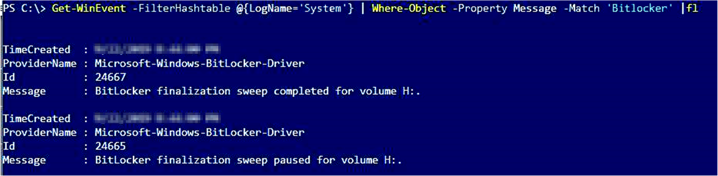 Get-WinEvent と BitLocker フィルターを使用して生成される出力のスクリーンショット。
