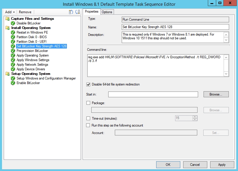 追加されたタスク シーケンス ステップのプロパティのスクリーンショット: BitLocker キー強度 AES 128 の設定。