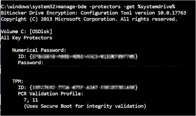 manage-bde.exe コマンドの出力のスクリーンショット。