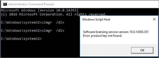 slmgr /dlv コマンドと、プロダクト キーが見つからないというその結果のエラー メッセージを示すコマンド プロンプト ウィンドウのスクリーンショット。