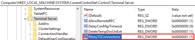 fDenyTSConnections エントリを示すレジストリ エディターのスクリーンショット。