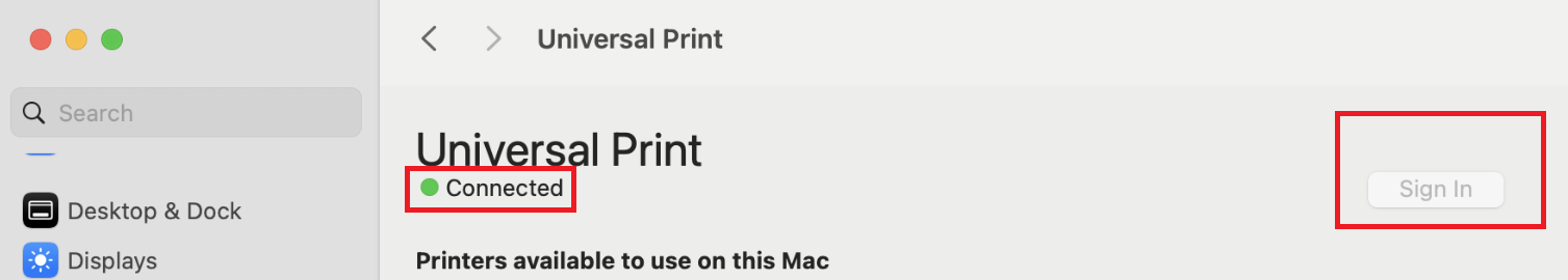 ユーザーが macOS の Universal Print アプリにサインインした様子を示すスクリーンショット