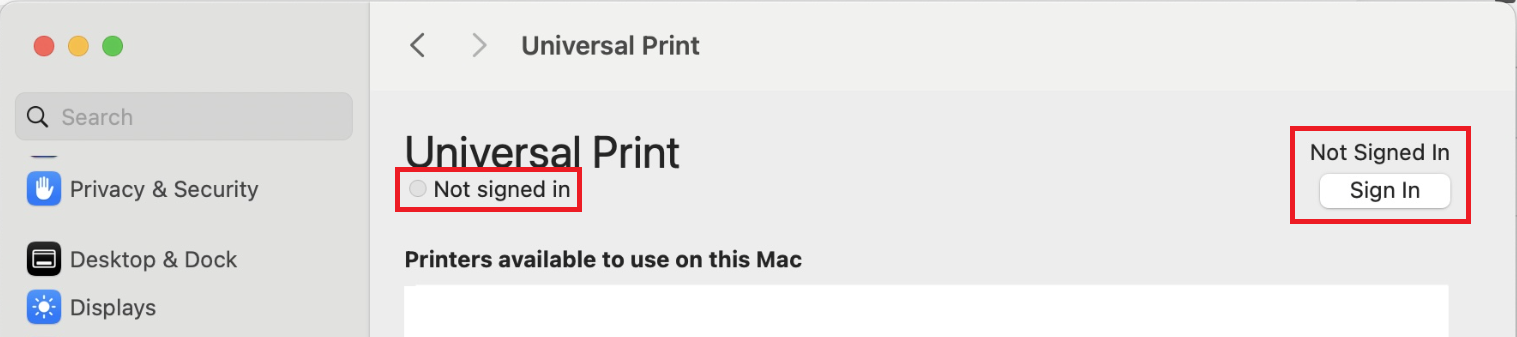 ユーザーが macOS の Universal Print アプリからサインアウトした様子を示すスクリーンショット